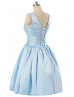 Sky Blue Satin V Neckline Corset Back Short Bridesmaid Dress